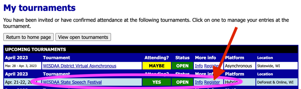 SpeechWire My Tournaments List