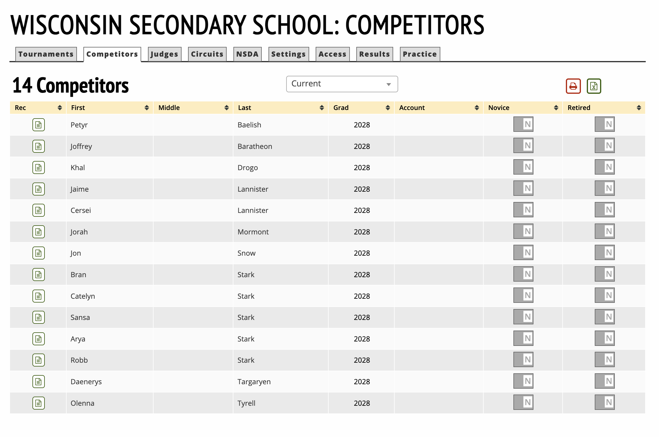 Screen shot of Tabroom.com, showing a table of students who will be contestants.